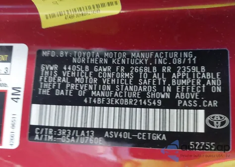 2011 Toyota Camry Xle z USA, uszkodzony, nr VIN 4T4BF3EK0BR214549